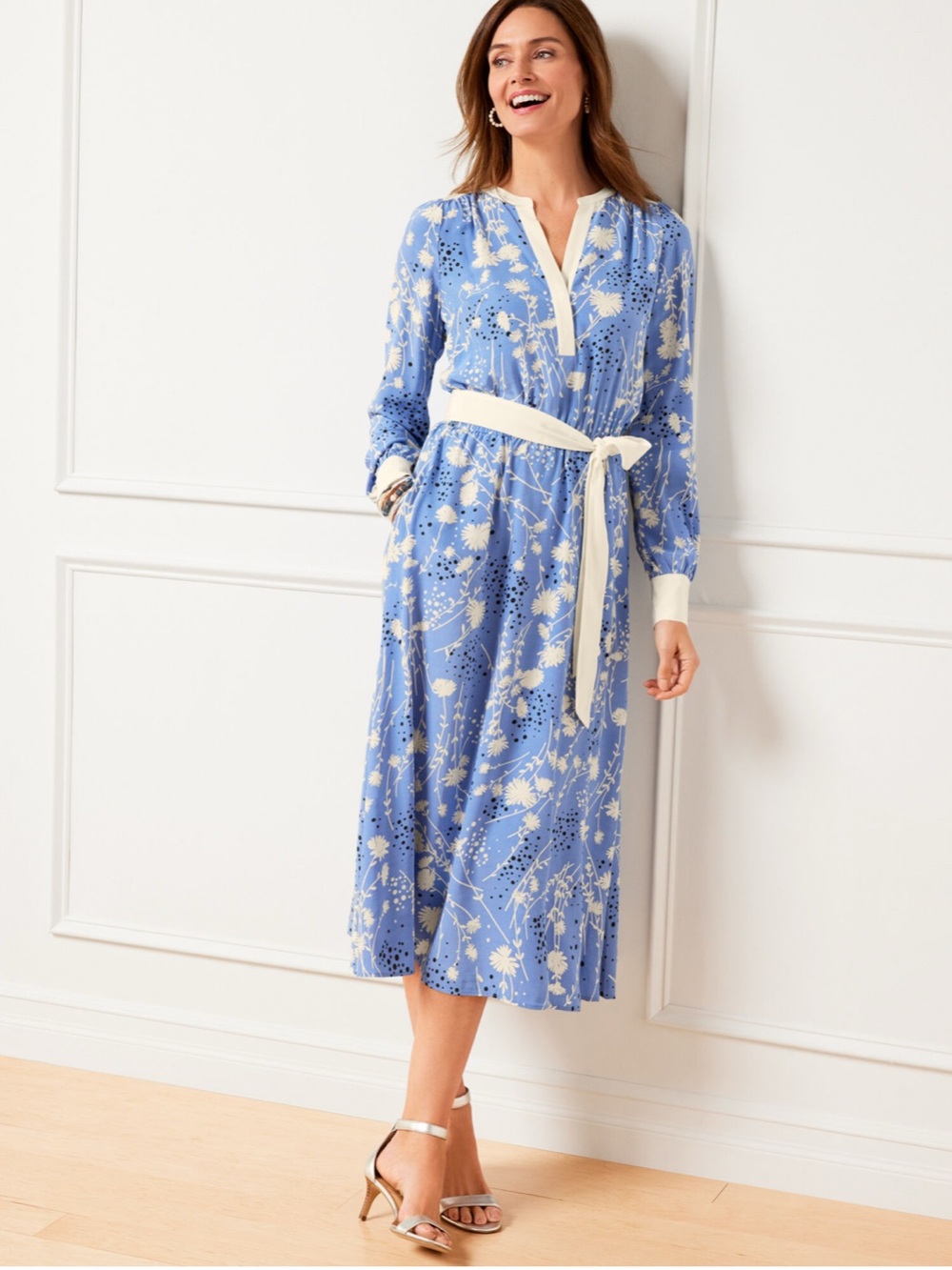 NWOT Talbots Blue Floral Dress with White Trim